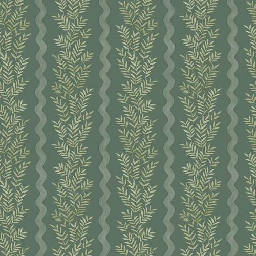 Sötétzöld alapon pasztell zöld festőhenger mintás leveles hullámos vintage tapéta