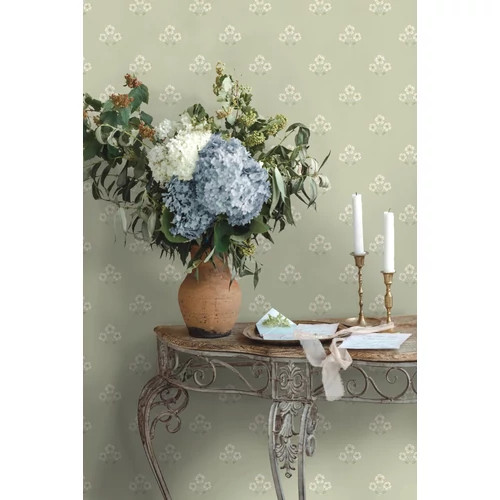Pasztell zöld alapon százszorszép virág  mintás vidéki stílusú tapéta
