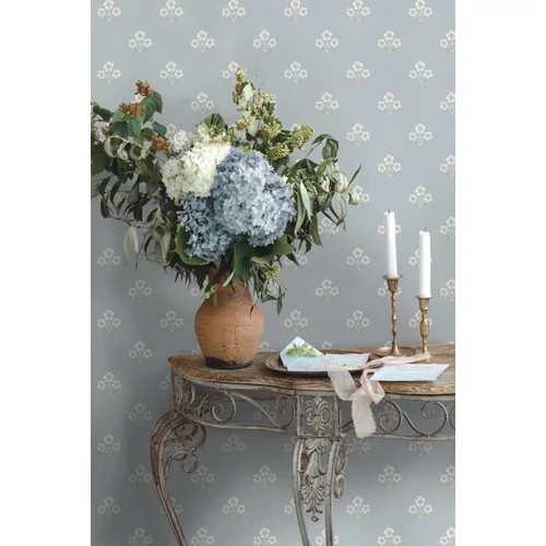 Vízkék alapon  fehér százszorszép virág  mintás vidéki stílusú tapéta