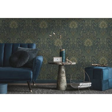   Kék virág és levél motívumos vintage stílusú klasszikus mintájú üveggyöngy felületű luxus vlies dekor tapéta