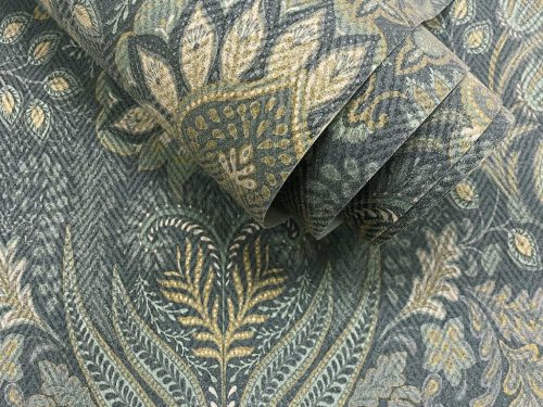 Kék virág és levél motívumos vintage stílusú klasszikus mintájú üveggyöngy felületű luxus vlies dekor tapéta