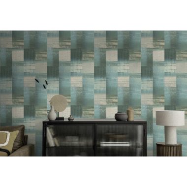   Kék geometriai mintás halszálka formájú üveggyöngy borítású luxus dekor vlies tapéta