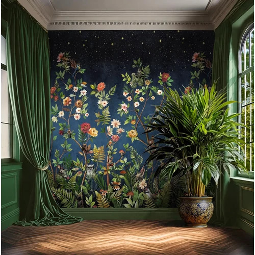 Éjszakai állatos borz, róka, bagoly, süni, madár mintás  élénk virágos mesés poszter