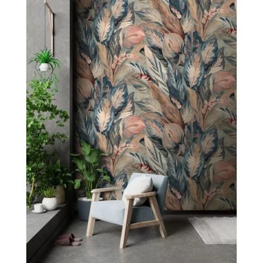   Akvarell hatású mosott, sűrű trópusi levél mintás poszter mályva és kék színben