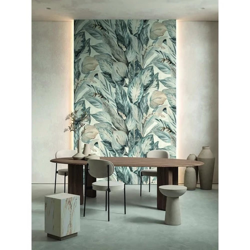 Akvarell hatású mosott, sűrű trópusi levél mintás poszter szürke és drapp színben