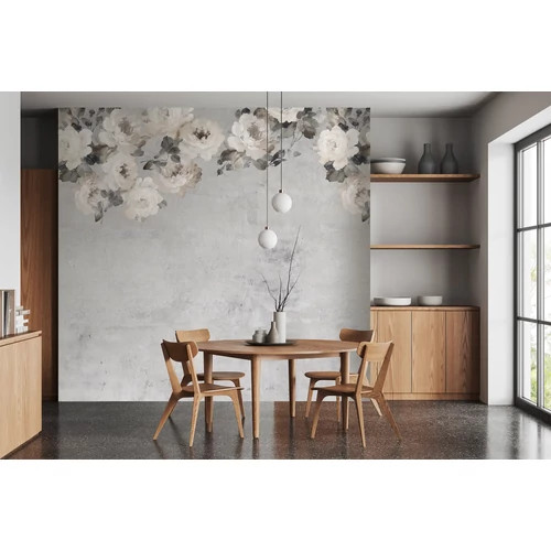 Romantikus rózsaminták antikolt világos szürke falon poszter