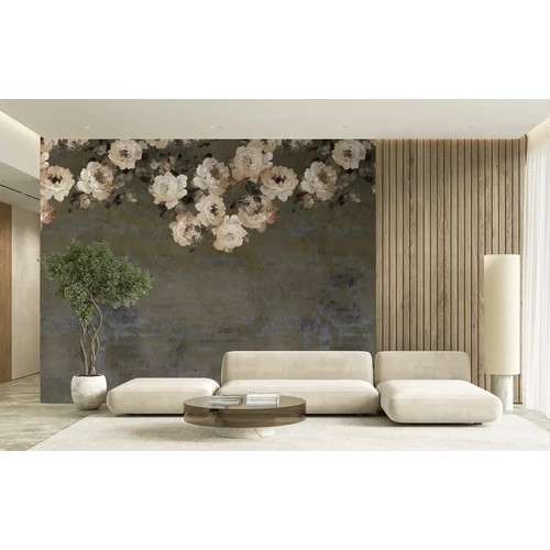 Romantikus rózsaminták antikolt antracit és kék falon poszter