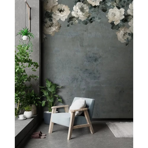 Romantikus rózsaminták antikolt kék falon poszter