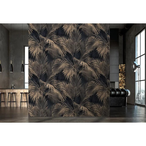 Fekete alapon drapp trópusi levél mintás elegáns poszter