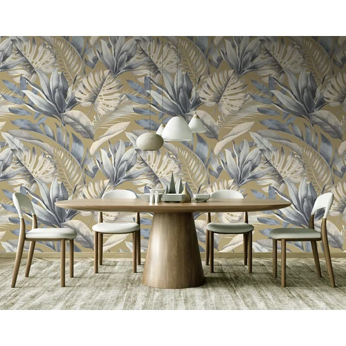 Farmerkék-drapp színű pompás trópusi hangulatot árasztó levél mintás poszter