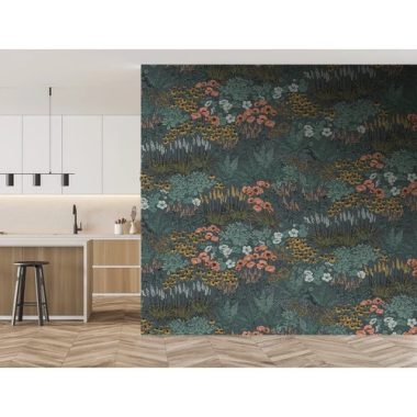   Indigókék alapon türkiz és koral színű virágoskert mintás poszter