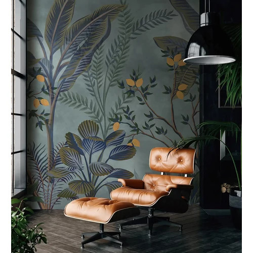  Enyhén antikolt kék alapon citromfa és pálmafa mintás poszter