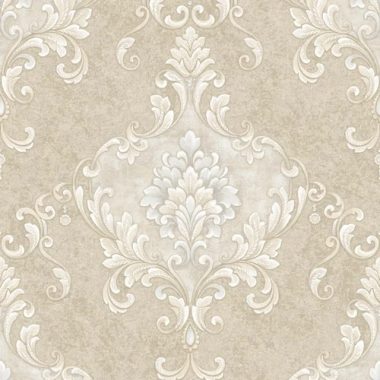   Bézs alapon fehér óriás barokkmintás csillámporos tapéta